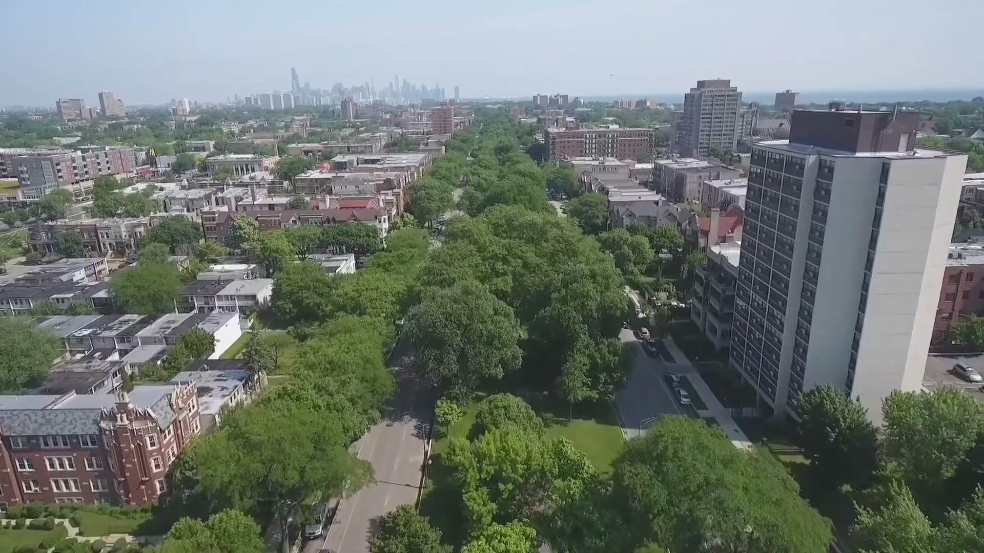 Load video: Calm aerial of Bronzeville; quiet, modern atmosphere