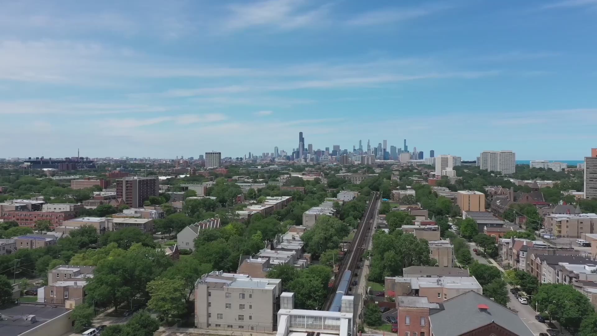 Load video: Calm aerial of Bronzeville; quiet, modern atmosphere