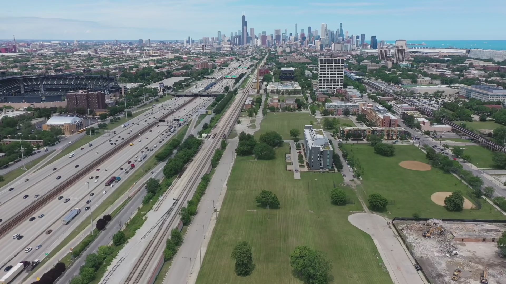 Load video: Calm aerial of Bronzeville; quiet, modern atmosphere